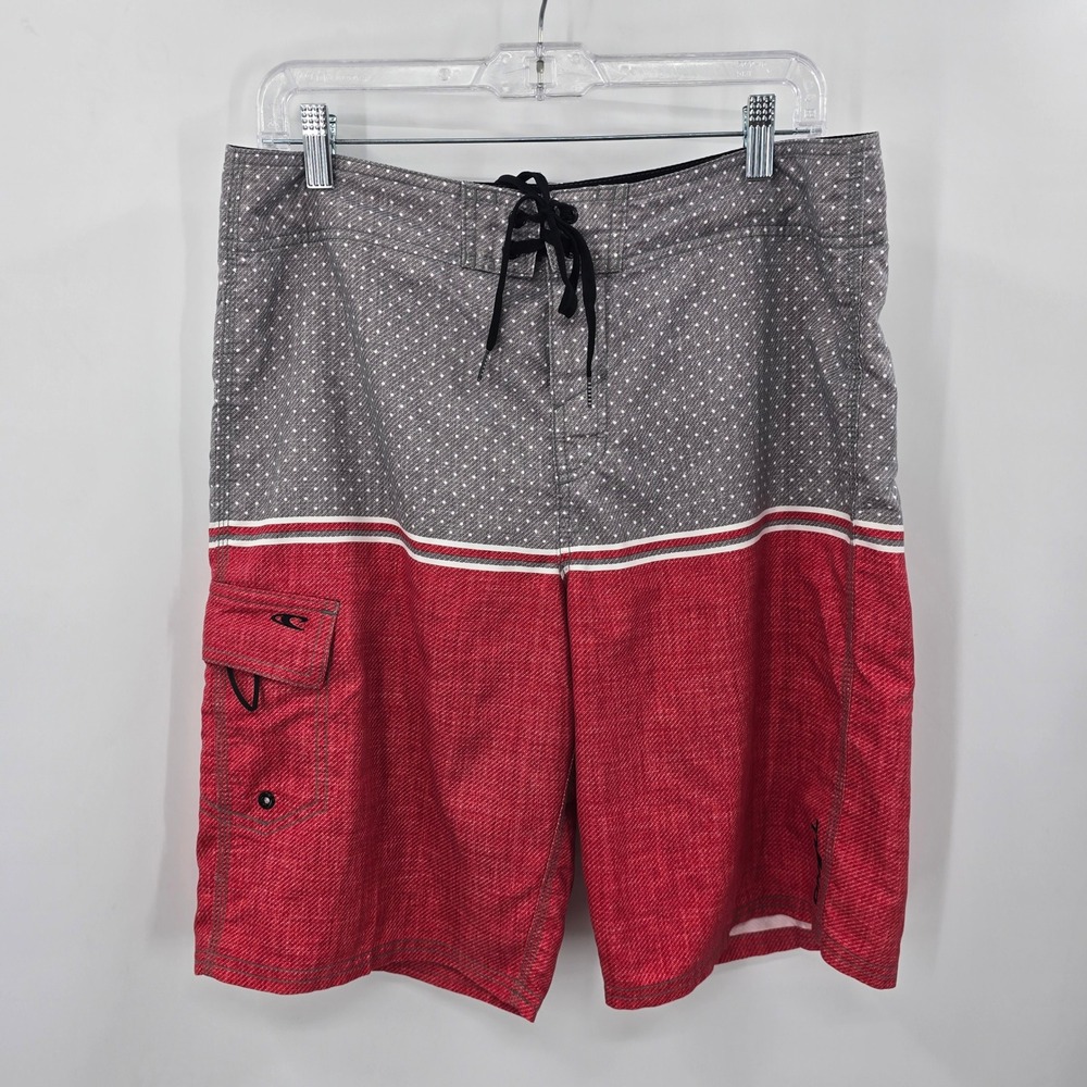 O'Neill Mens Board‎ Shorts Size 32 Red Grey Polka Dot Colorblock Swim Trunks